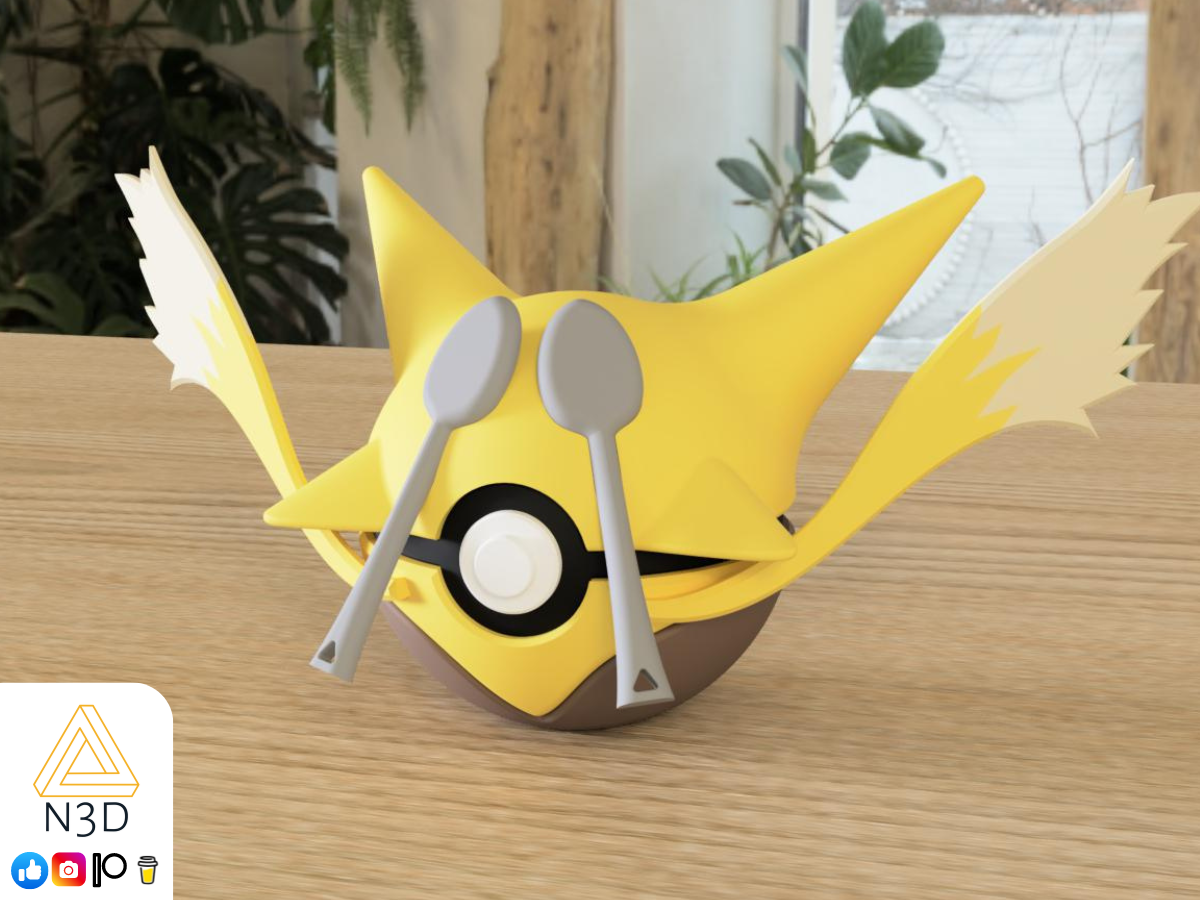 3d printed pokemon ball that looks like the Alakazam pokemon. Designed by N3D, printed in Ireland by 3D Marvels. The item cannot open, was made in several parts that are held together by friction and little to no glue. Not a toy, not suitable to be left in a car. Made using biodegradable and sustainable materials.