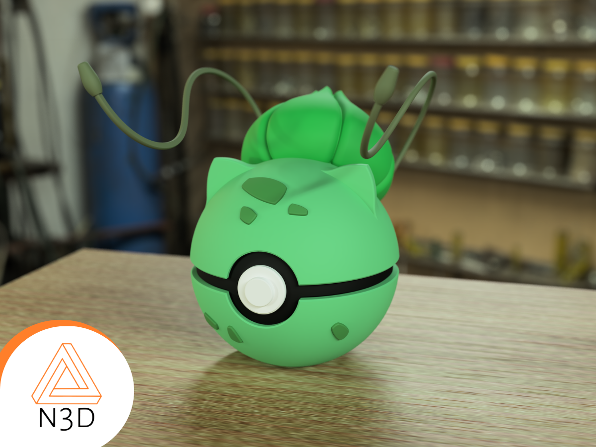 A 3D-printed Pokemon ball that looks like the Bulbasaur Pokemon. Designed by N3D and printed in Ireland by 3D Marvels. The item cannot open. It was made in several parts that are held together by friction and little to no glue. It is not a toy or suitable for leaving in a car. It was made using biodegradable and sustainable materials.