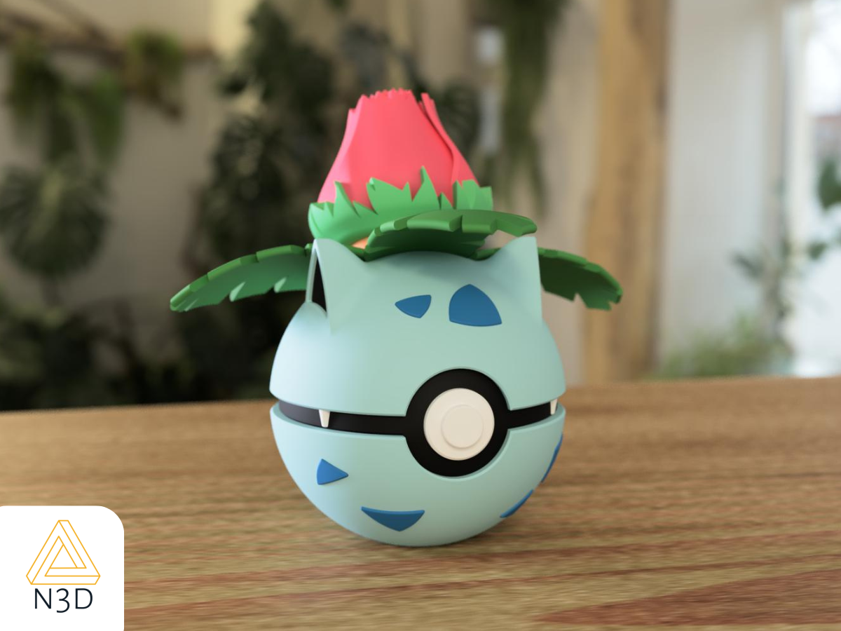 A 3D-printed Pokemon ball that looks like the Ivysaur Pokemon was designed by N3D and printed in Ireland by 3D Marvels. The item cannot open. It was made in several parts that are held together by friction and little to no glue. It is not a toy or suitable for leaving in a car. It was made using biodegradable and sustainable materials.