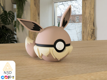 A 3D-printed Pokemon ball that looks like the Eevee  Pokemon was designed by N3D and printed in Ireland by 3D Marvels. The item cannot open. It was made in several parts that are held together by friction and little to no glue. It is not a toy or suitable for leaving in a car. It was made using biodegradable and sustainable materials.