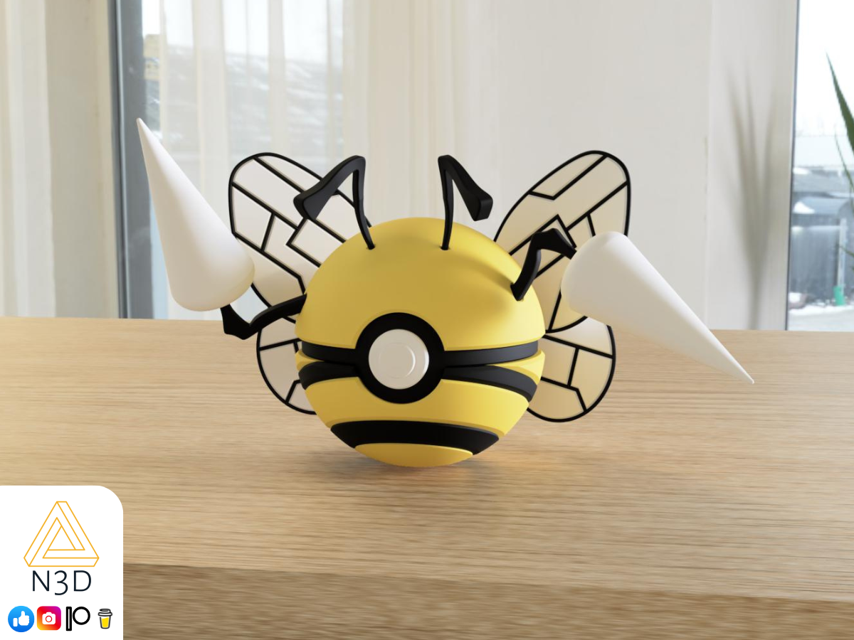 A 3D-printed Pokemon ball that looks like the Beedrill Pokemon. Designed by N3D and printed in Ireland by 3D Marvels. The item cannot open. It was made in several parts that are held together by friction and little to no glue. It is not a toy or suitable for leaving in a car. It was made using biodegradable and sustainable materials.