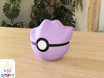 A 3D-printed Pokemon ball that looks like the Gengar Pokemon. Designed by N3D and printed in Ireland by 3D Marvels. The item cannot open. It was made in several parts that are held together by friction and little to no glue. It is not a toy or suitable for leaving in a car. It was made using biodegradable and sustainable materials.