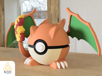 A 3D-printed Pokemon ball that looks like the Charizard Pokemon. Designed by N3D and printed in Ireland by 3D Marvels. The item cannot open. It was made in several parts that are held together by friction and little to no glue. It is not a toy or suitable for leaving in a car. It was made using biodegradable and sustainable materials.