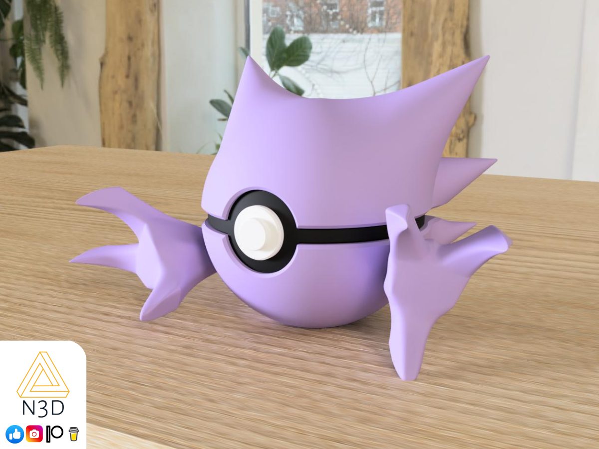 A 3D-printed Pokemon ball that looks like the Haunter Pokemon. Designed by N3D and printed in Ireland by 3D Marvels. The item cannot open. It was made in several parts that are held together by friction and little to no glue. It is not a toy or suitable for leaving in a car. It was made using biodegradable and sustainable materials.