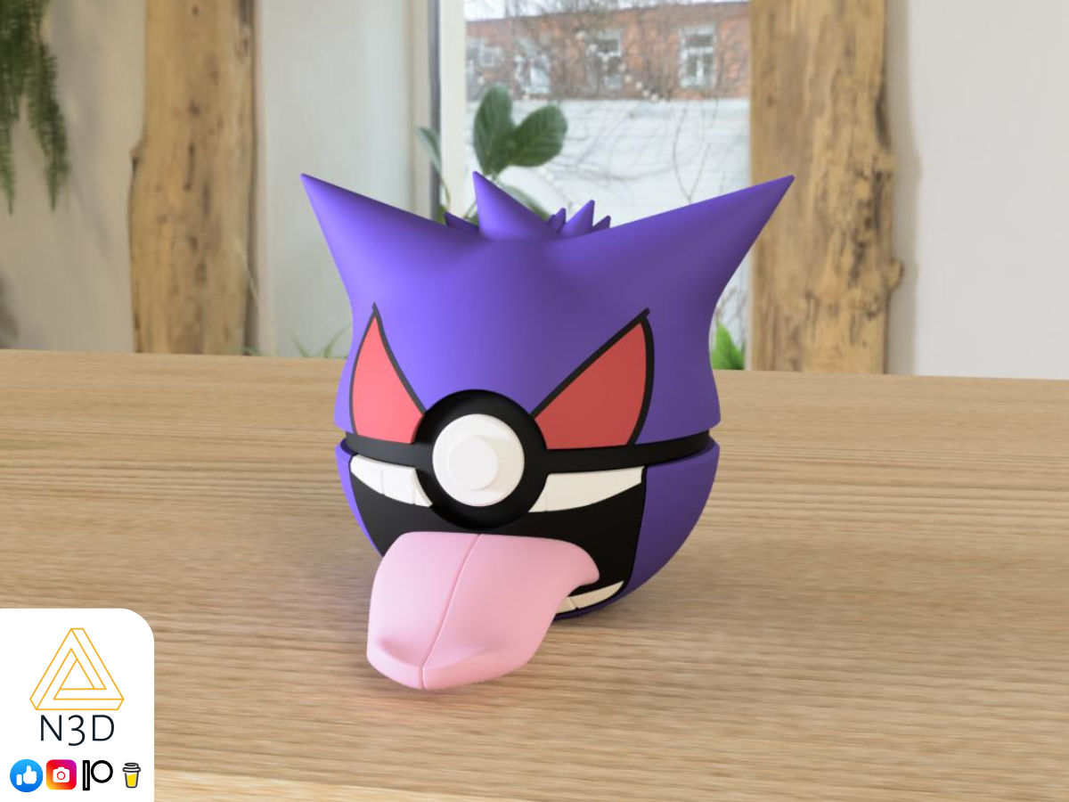 A 3D-printed Pokemon ball that looks like the Gengar Pokemon. Designed by N3D and printed in Ireland by 3D Marvels. The item cannot open. It was made in several parts that are held together by friction and little to no glue. It is not a toy or suitable for leaving in a car. It was made using biodegradable and sustainable materials.