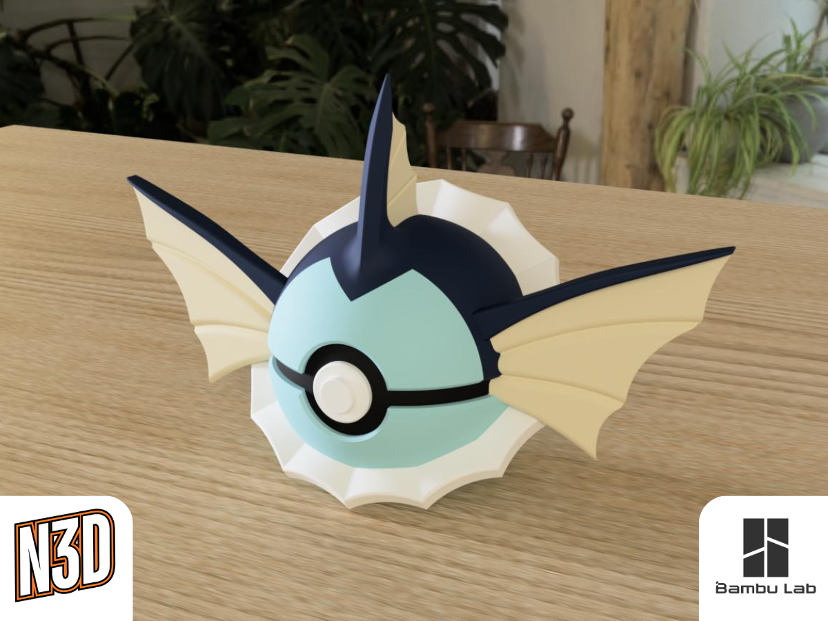 A 3D-printed Pokemon ball that looks like the Vaporeon Pokemon. Designed by N3D and printed in Ireland by 3D Marvels. The item cannot open. It was made in several parts that are held together by friction and little to no glue. It is not a toy or suitable for leaving in a car. It was made using biodegradable and sustainable materials.