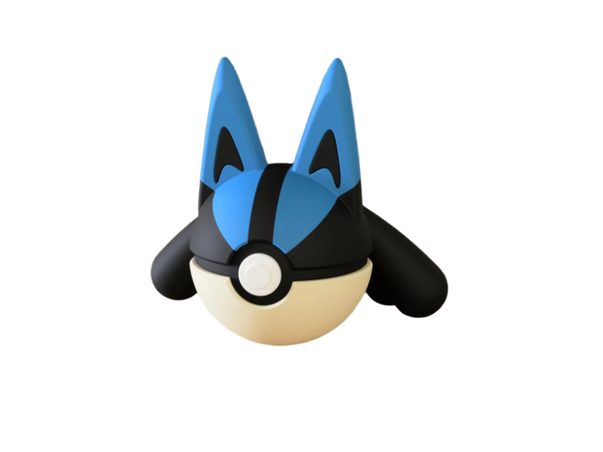 A 3D-printed Pokemon ball that looks like the Lucario Pokemon. Designed by N3D and printed in Ireland by 3D Marvels. The item cannot open. It was made in several parts that are held together by friction and little to no glue. It is not a toy or suitable for leaving in a car. It was made using biodegradable and sustainable materials.