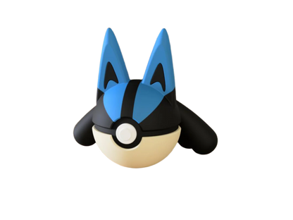 A 3D-printed Pokemon ball that looks like the Lucario Pokemon. Designed by N3D and printed in Ireland by 3D Marvels. The item cannot open. It was made in several parts that are held together by friction and little to no glue. It is not a toy or suitable for leaving in a car. It was made using biodegradable and sustainable materials.