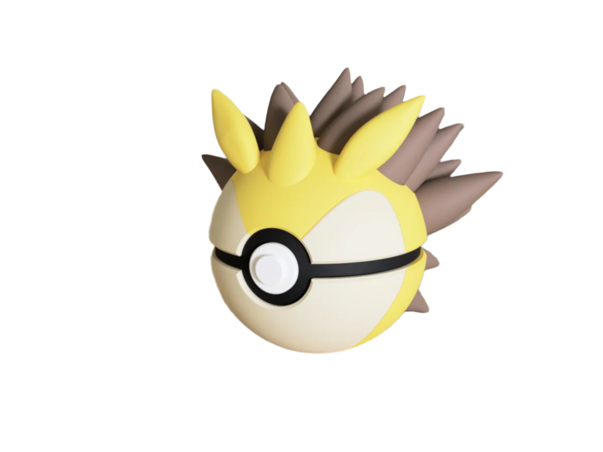 A 3D-printed Pokemon ball that looks like the Sandslash  Pokemon. Designed by N3D and printed in Ireland by 3D Marvels. The item cannot open. It was made in several parts that are held together by friction and little to no glue. It is not a toy or suitable for leaving in a car. It was made using biodegradable and sustainable materials.