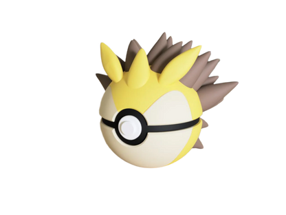 A 3D-printed Pokemon ball that looks like the Sandslash  Pokemon. Designed by N3D and printed in Ireland by 3D Marvels. The item cannot open. It was made in several parts that are held together by friction and little to no glue. It is not a toy or suitable for leaving in a car. It was made using biodegradable and sustainable materials.