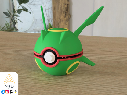 A 3D-printed Pokemon ball that looks like the Rayquazer Pokemon. Designed by N3D and printed in Ireland by 3D Marvels. The item cannot open. It was made in several parts that are held together by friction and little to no glue. It is not a toy or suitable for leaving in a car. It was made using biodegradable and sustainable materials.