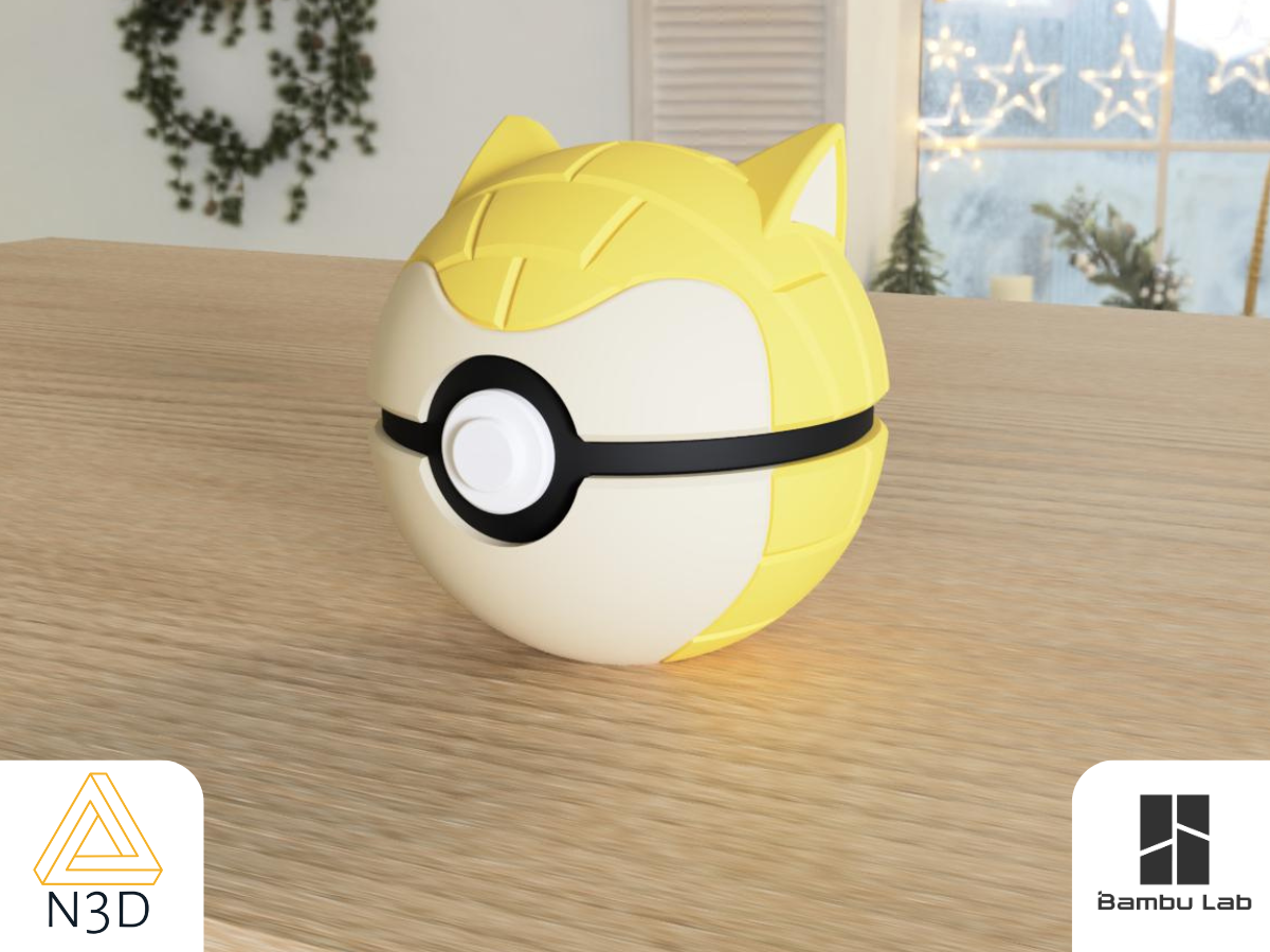 A 3D-printed Pokemon ball that looks like the Sandshrew Pokemon. Designed by N3D and printed in Ireland by 3D Marvels. The item cannot open. It was made in several parts that are held together by friction and little to no glue. It is not a toy or suitable for leaving in a car. It was made using biodegradable and sustainable materials.