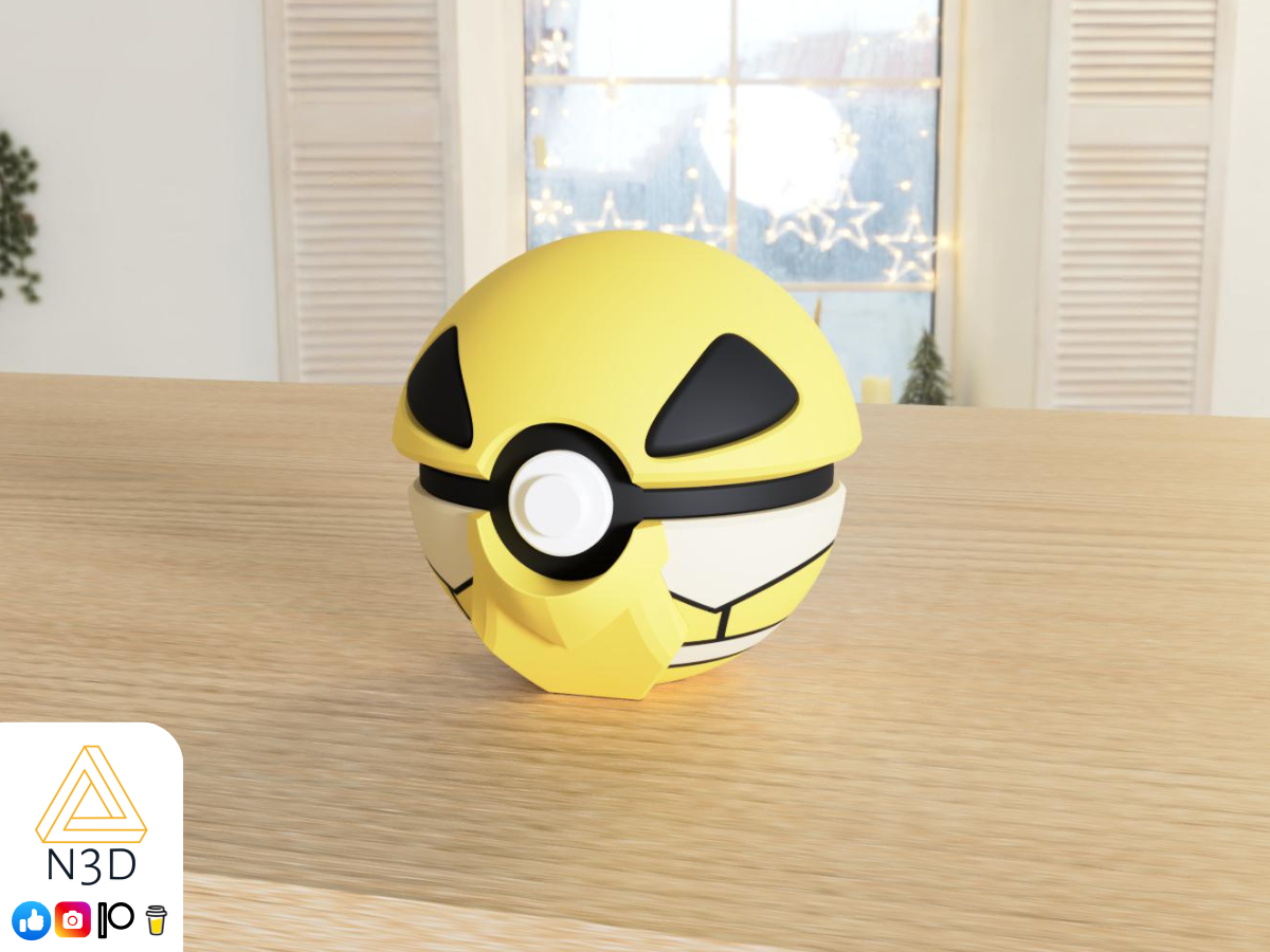 A 3D-printed Pokemon ball that looks like the Kakuna Pokemon. Designed by N3D and printed in Ireland by 3D Marvels. The item cannot open. It was made in several parts that are held together by friction and little to no glue. It is not a toy or suitable for leaving in a car. It was made using biodegradable and sustainable materials.