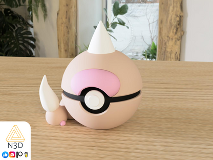 A 3D-printed Pokemon ball that looks like the Weedle Pokemon. Designed by N3D and printed in Ireland by 3D Marvels. The item cannot open. It was made in several parts that are held together by friction and little to no glue. It is not a toy or suitable for leaving in a car. It was made using biodegradable and sustainable materials.