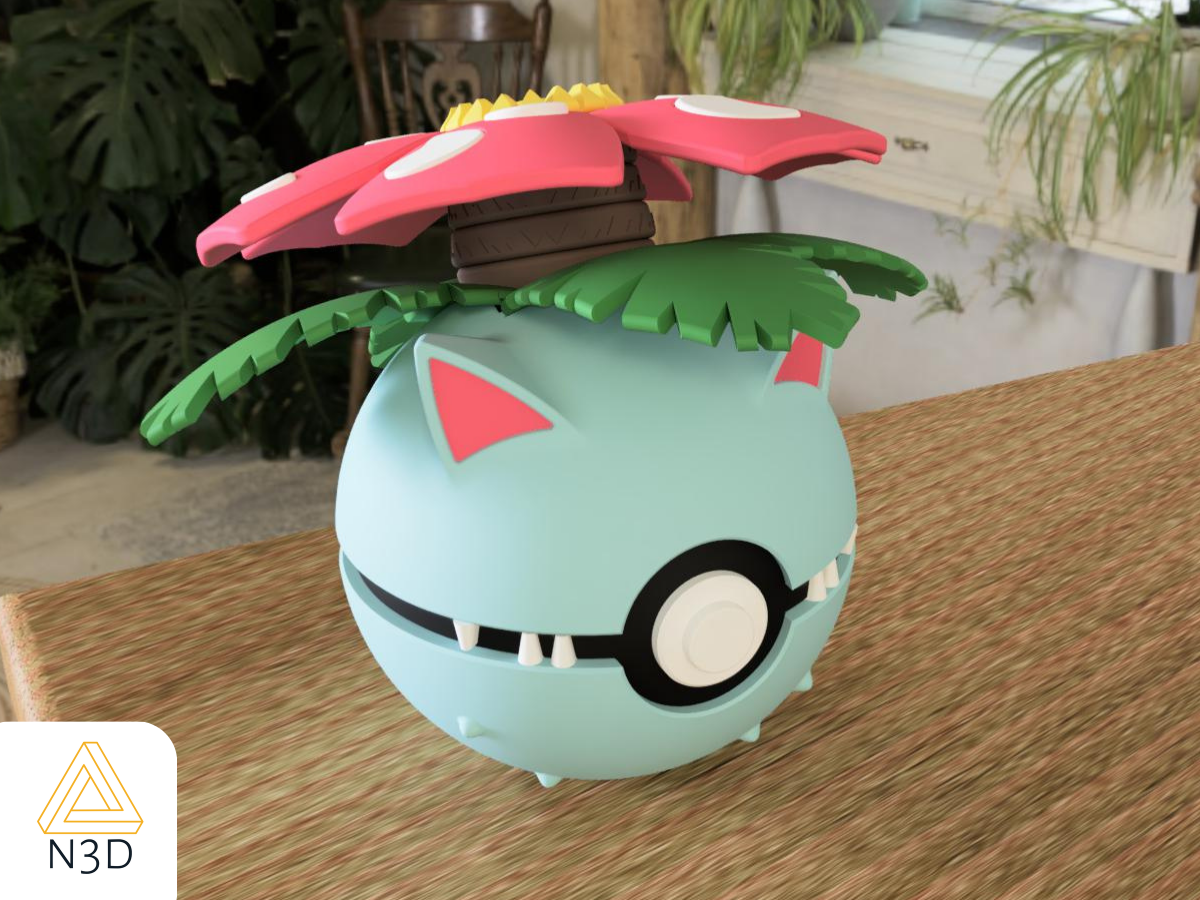 A 3D-printed Pokemon ball that looks like the Venusaur Pokemon was designed by N3D and printed in Ireland by 3D Marvels. The item cannot open. It was made in several parts that are held together by friction and little to no glue. It is not a toy or suitable for leaving in a car. It was made using biodegradable and sustainable materials.