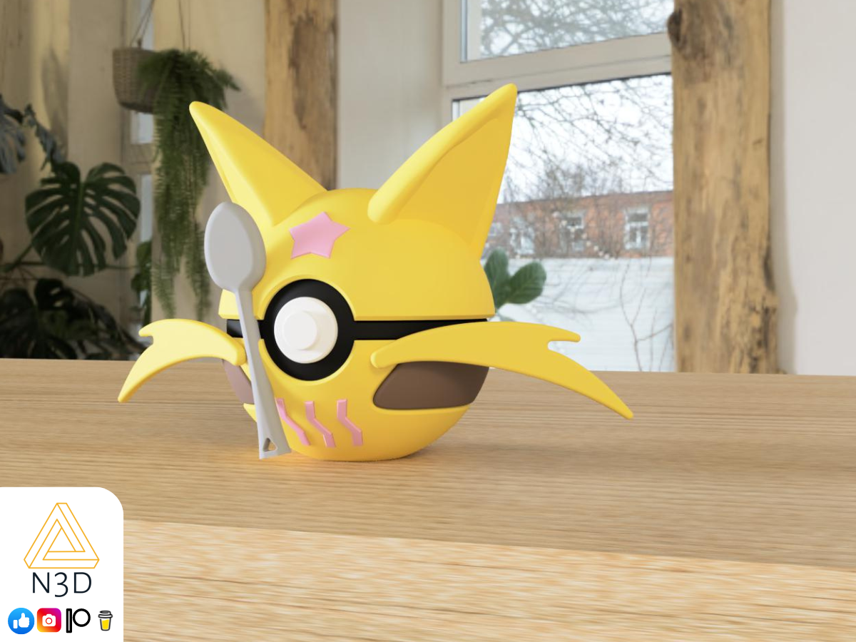 3d printed pokemon ball that looks like the Kadabra pokemon. Designed by N3D, printed in Ireland by 3D Marvels. The item cannot open, was made in several parts that are held together by friction and little to no glue. Not a toy, not suitable to be left in a car. Made using biodegradable and sustainable materials.