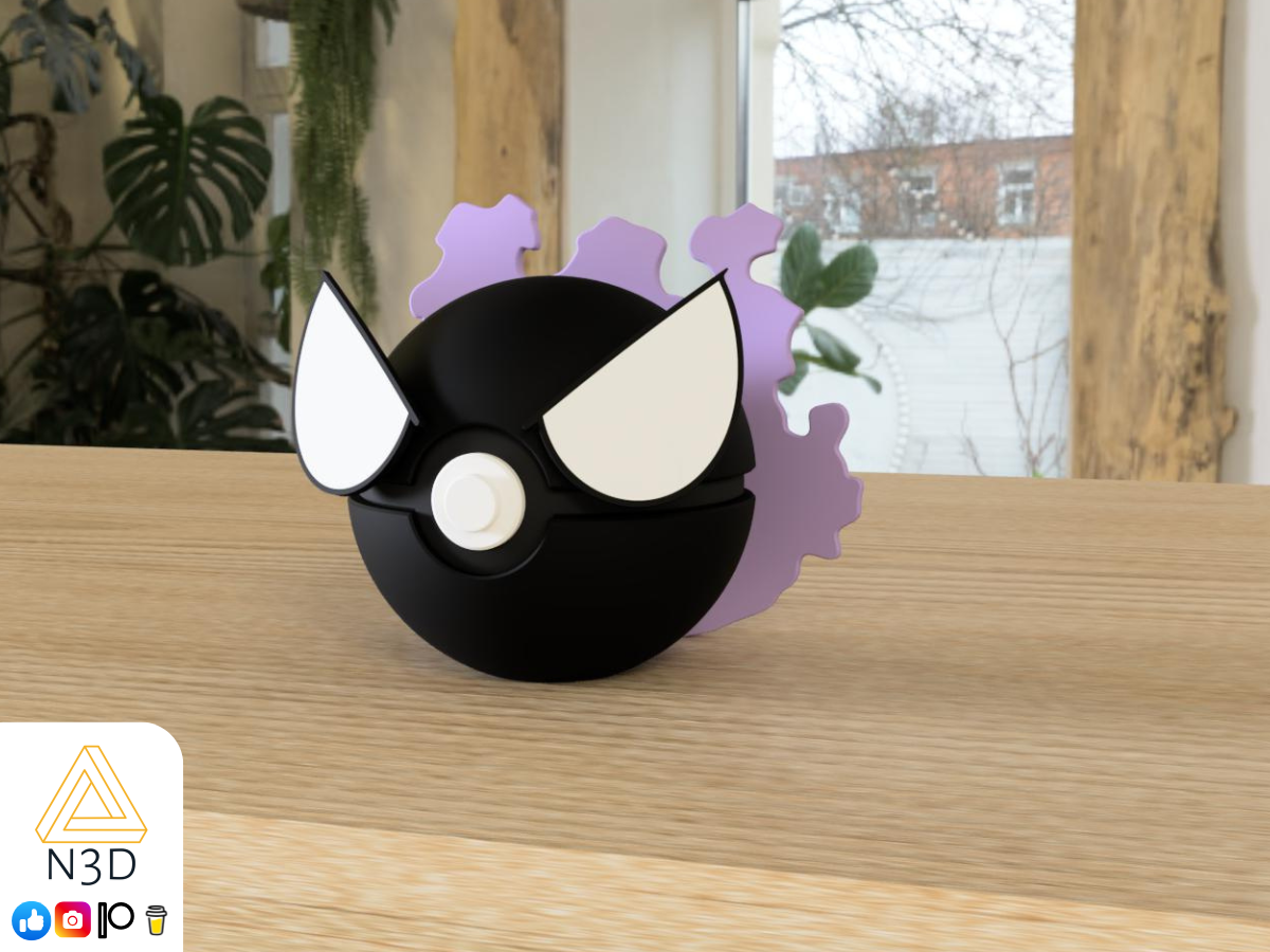 A 3D-printed Pokemon ball that looks like the Gasly Pokemon was designed by N3D and printed in Ireland by 3D Marvels. The item cannot open. It was made in several parts that are held together by friction and little to no glue. It is not a toy and is not suitable for leaving in a car. It was made using biodegradable and sustainable materials.