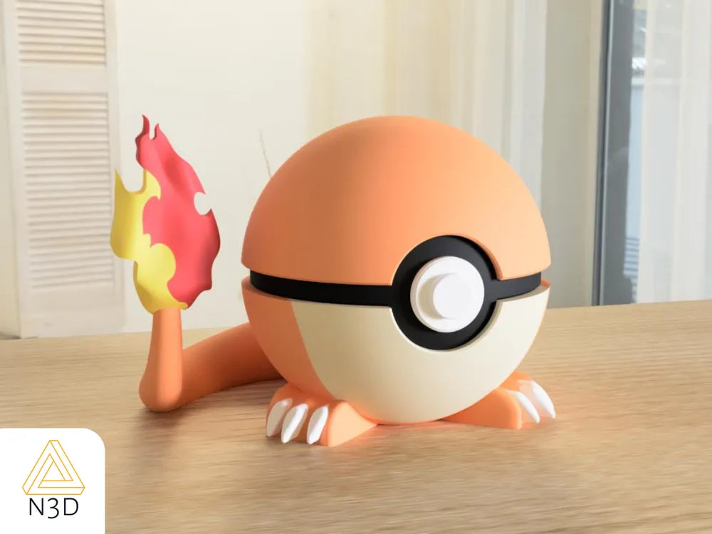 A 3D-printed Pokemon ball that looks like the Charmander Pokemon. Designed by N3D and printed in Ireland by 3D Marvels. The item cannot open. It was made in several parts that are held together by friction and little to no glue. It is not a toy or suitable for leaving in a car. It was made using biodegradable and sustainable materials.