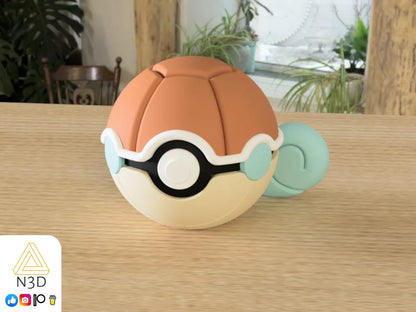 A 3D-printed Pokemon ball that looks like the Squirtle Pokemon. Designed by N3D and printed in Ireland by 3D Marvels. The item cannot open. It was made in several parts that are held together by friction and little to no glue. It is not a toy or suitable for leaving in a car. It was made using biodegradable and sustainable materials.