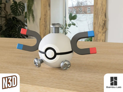 A 3D-printed Pokemon ball that looks like the  Magnemite Pokemon. Designed by N3D and printed in Ireland by 3D Marvels. The item cannot open. It was made in several parts that are held together by friction and little to no glue. It is not a toy or suitable for leaving in a car. It was made using biodegradable and sustainable materials.