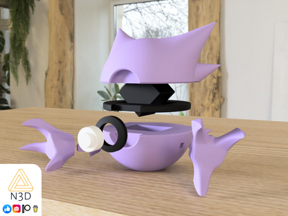 A 3D-printed Pokemon ball that looks like the Haunter Pokemon was designed by N3D and printed in Ireland by 3D Marvels. The item cannot open. It was made in several parts that are held together by friction and little to no glue. It is not a toy or suitable for leaving in a car. It was made using biodegradable and sustainable materials.