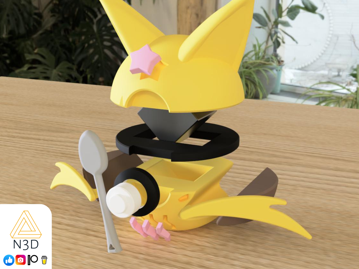 3d printed pokemon ball that looks like the Kadabra pokemon. Designed by N3D, printed in Ireland by 3D Marvels. The item cannot open, was made in several parts that are held together by friction and little to no glue. Not a toy, not suitable to be left in a car. Made using biodegradable and sustainable materials.