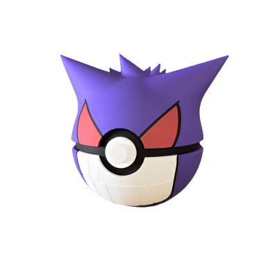 A 3D-printed Pokemon ball that looks like the Gengar Pokemon. Designed by N3D and printed in Ireland by 3D Marvels. The item cannot open. It was made in several parts that are held together by friction and little to no glue. It is not a toy or suitable for leaving in a car. It was made using biodegradable and sustainable materials.