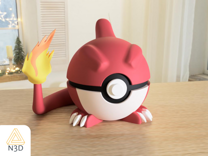 A 3D-printed Pokemon ball that looks like the Charmeleon Pokemon. Designed by N3D and printed in Ireland by 3D Marvels. The item cannot open. It was made in several parts that are held together by friction and little to no glue. It is not a toy or suitable for leaving in a car. It was made using biodegradable and sustainable materials.