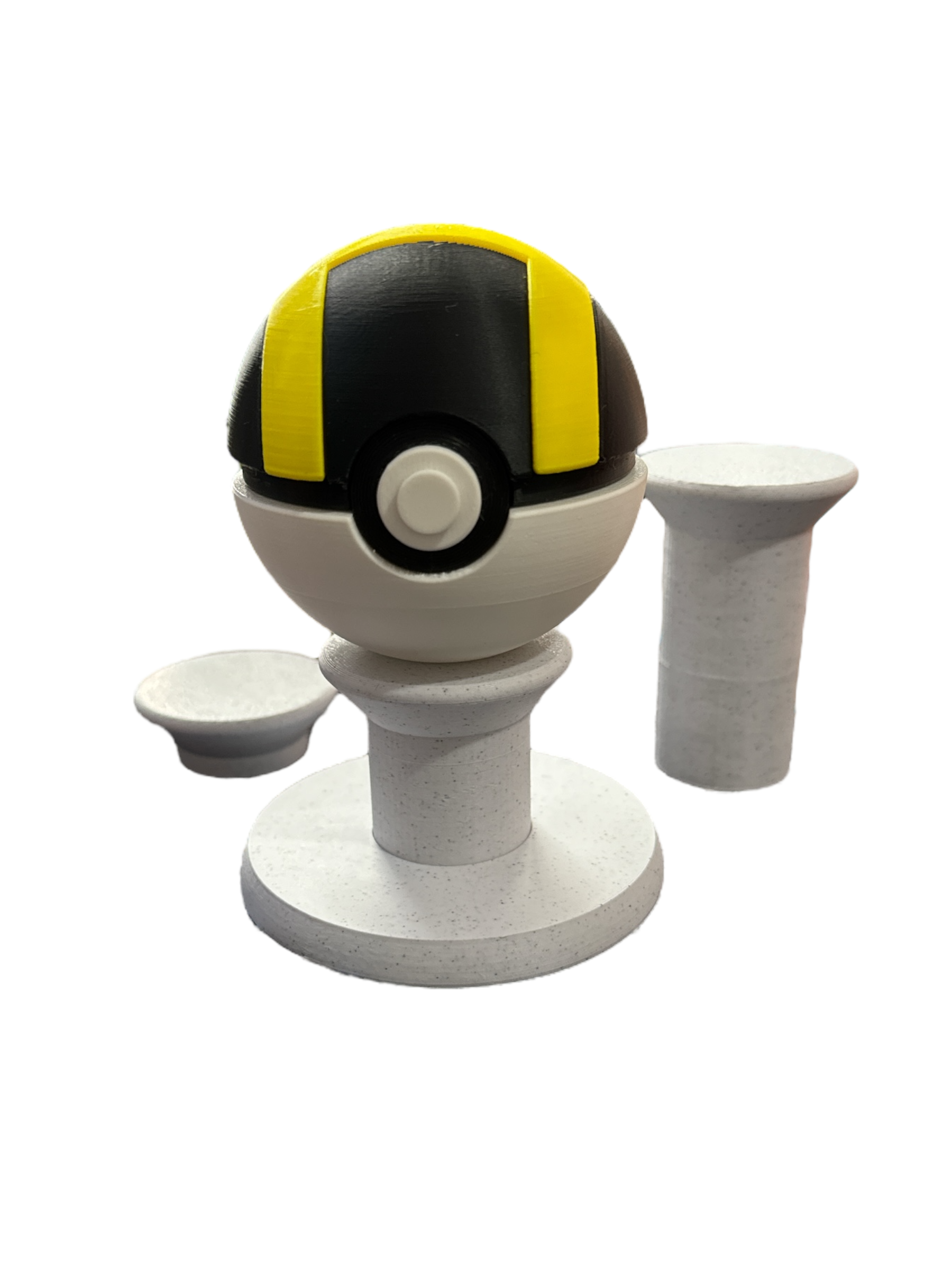 3D printed pedestal with an Ultra Pokemon ball. The pedestal is displayed in white stone PLA