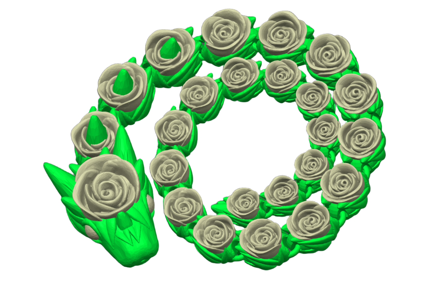3d printed snake decorated with roses, has flexible joints to fidget with, highly detailed sculpting by Cinderwing3D, high quality printed, personalizable