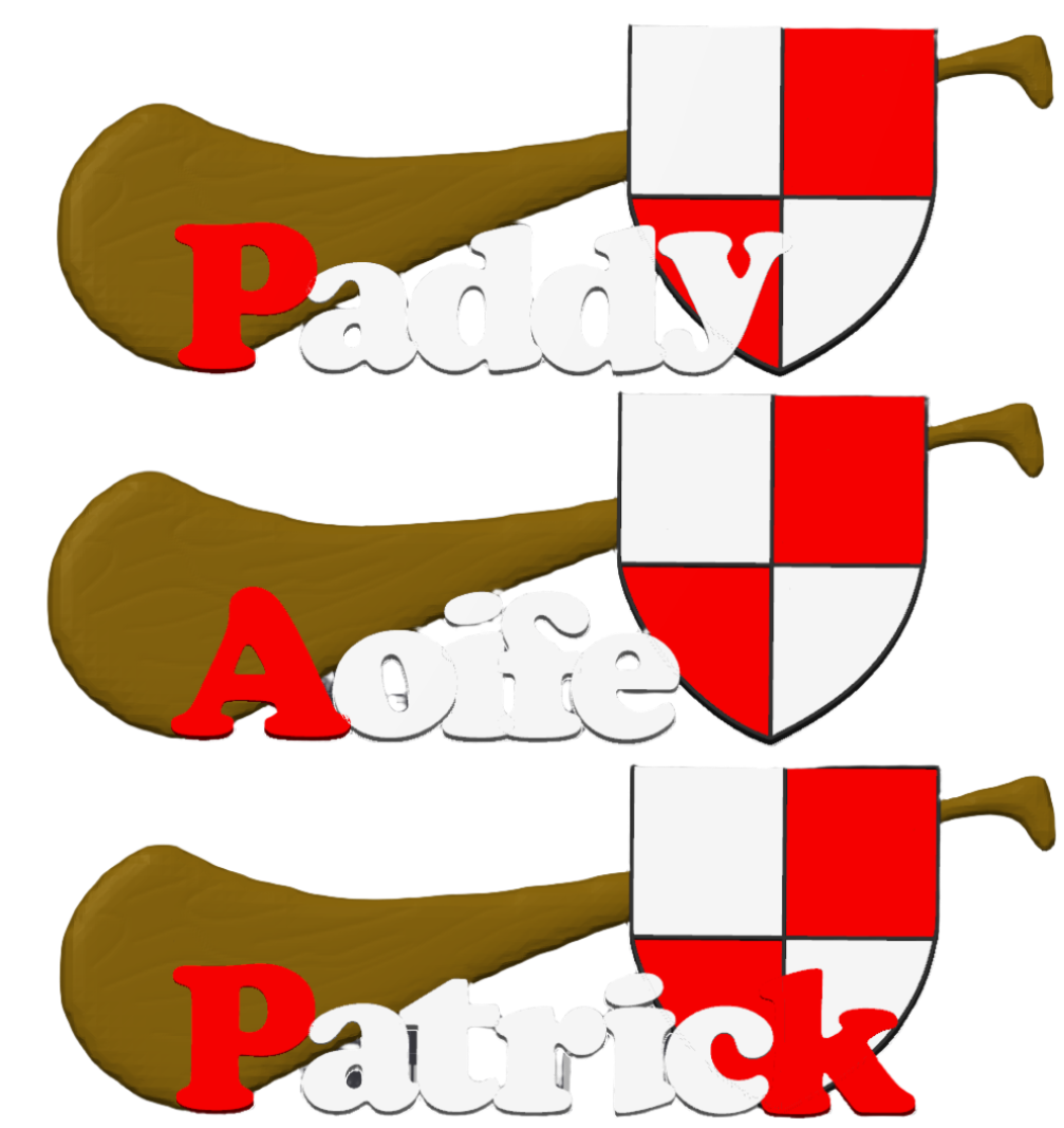 hurling herly in county team colours with personalized name and coloured shield, has cut-outs to mount on wall or door, can stand up freely blue white brown wood Cork Red Rebels football camogie