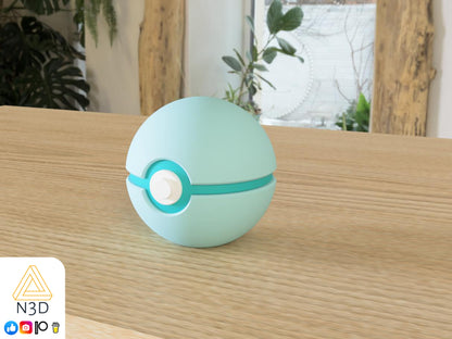 A 3D-printed ball that looks like the Strange Pokemon in Turquoise and Ice Blue colours. Designed by N3D and printed in Ireland by 3D Marvels. The item cannot open. It was made in several parts that are held together by friction and little to no glue. It is not a toy or suitable for leaving in a car. It was made using biodegradable and sustainable materials.