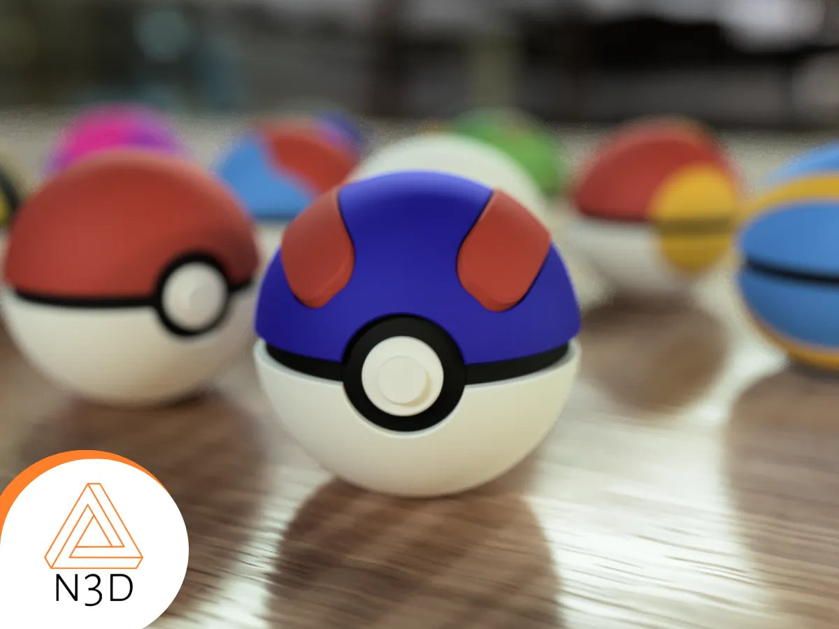 A 3D-printed Pokemon ball that looks like the Great ball. Designed by N3D and printed in Ireland by 3D Marvels. The item cannot open. It was made in several parts that are held together by friction and little to no glue. It is not a toy or suitable for leaving in a car. It was made using biodegradable and sustainable materials.