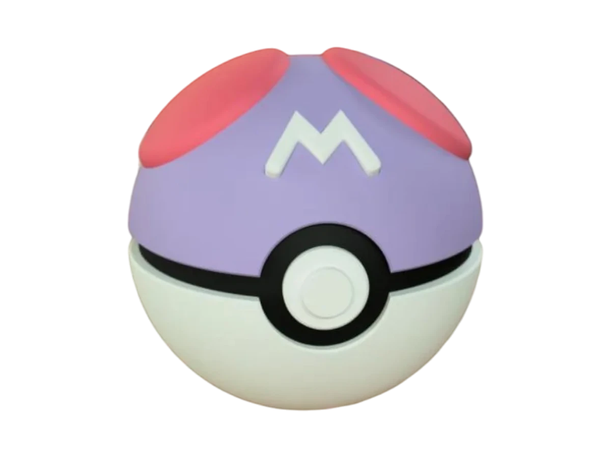 A 3D-printed Pokemon ball that looks like the Master Ball. Designed by N3D and printed in Ireland by 3D Marvels. The item cannot open. It was made in several parts that are held together by friction and little to no glue. It is not a toy or suitable for leaving in a car. It was made using biodegradable and sustainable materials.