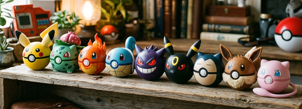 Nine Pokeballs decorated as Pikachu, Bulbasaur, Charmander, Squirtle, Gengar, Umbreon, Snorlax, Eevee, and Mew placed in a row on a wooden shelf.